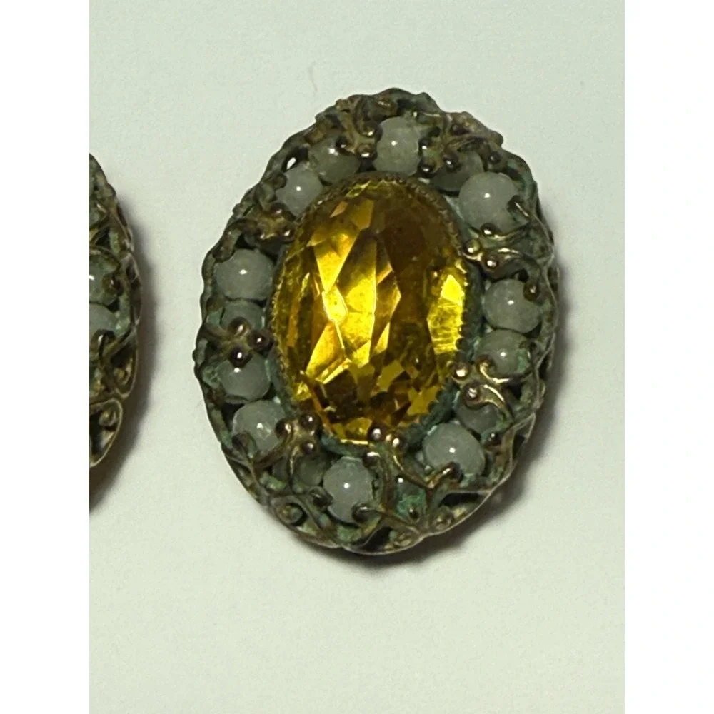 Vintage Yellow Glass‎ Oval Clip-On Earrings Brass Filigree Beaded Stud Women
